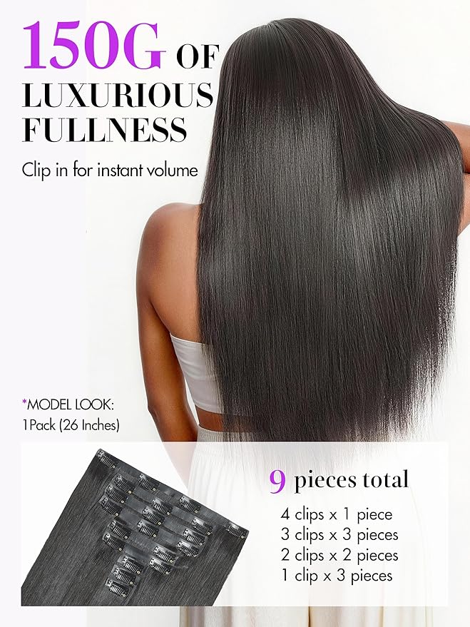 LUVME Silky Straight Seamless 150g 7Pcs Clip in Hair Extensions, Full Volume with 22 Inch Natural Black, 100% Real Soft Remy Human Hair, Adds Fuller Hair for Daily Wear & Special Occasions