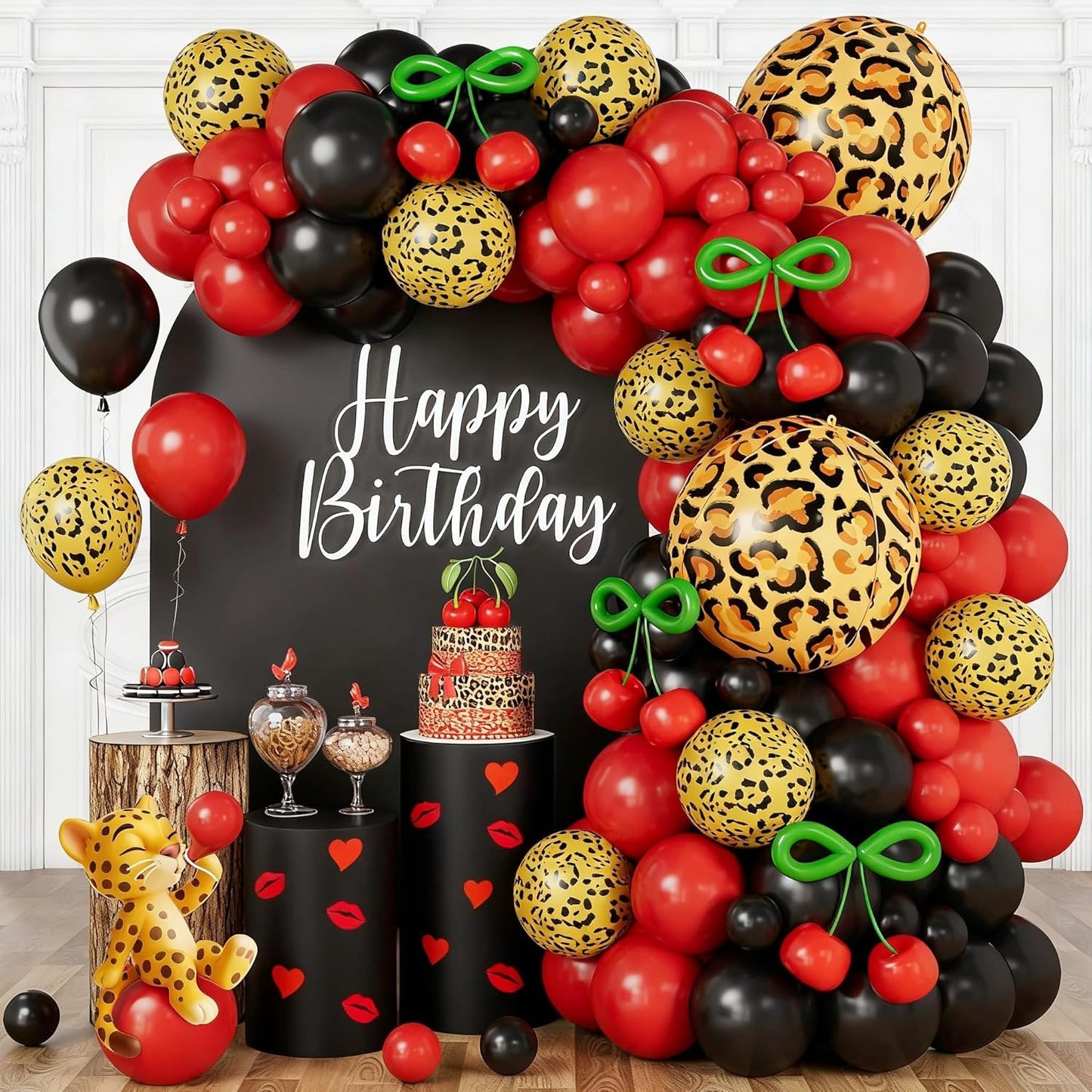 Red and Black Balloon Arch Kit with Cherry and Cheetah Print Foil Balloons, Cheetah and Cherry Birthday Decorations for Women, Red Leopard Party Decor, Baby Shower Bachelorette Girls Night Decorations