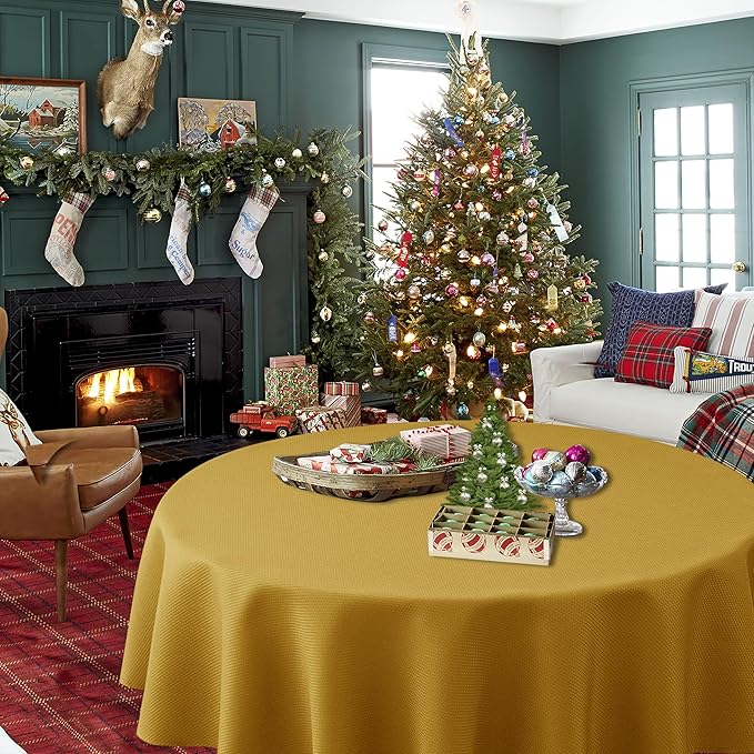 Biscaynebay Textured Fabric Round Christmas Table Cloths 108", Gold Water Resistant Table Covers for Dining, Kitchen, Wedding, Parties etc. Machine Washable
