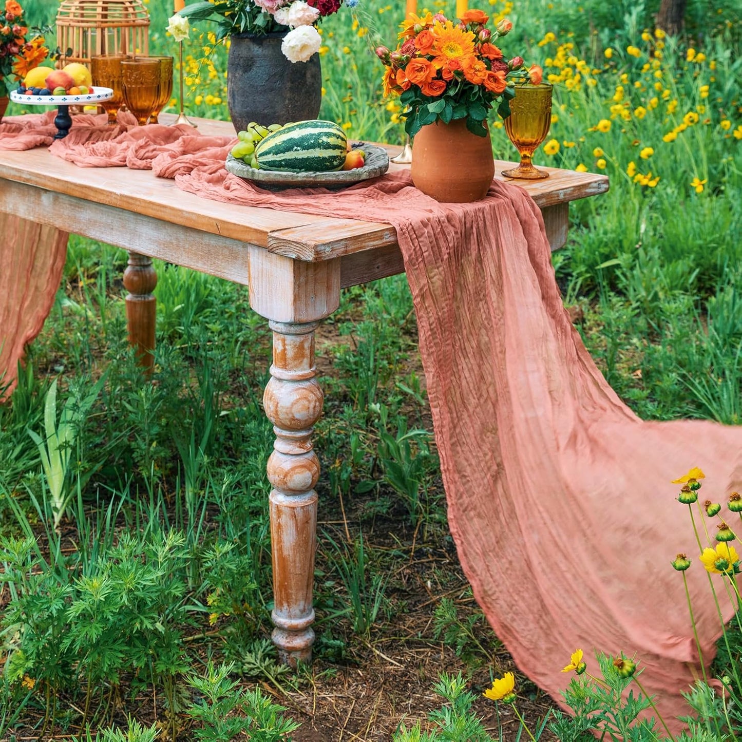 DOLOPL Dusty Rose Cheesecloth Table Runner 13.3ft Boho Gauze Cheese Cloth Table Runner Rustic Sheer Runner 160inch Long for Wedding Bridal Baby Shower Birthday Party Cake Table Decorations
