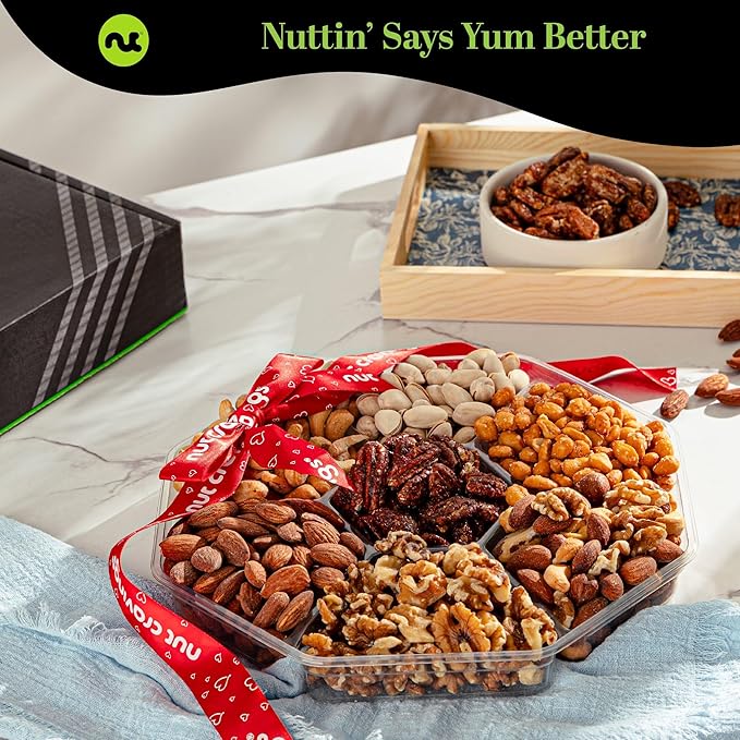 NUT CRAVINGS - Halloween Treats For Adults Mixed Nuts Gift Basket + Heart Ribbon (7 Assortments) Holiday Xmas Christmas Food Arrangement, Healthy Snack Care Package, Food Assortments