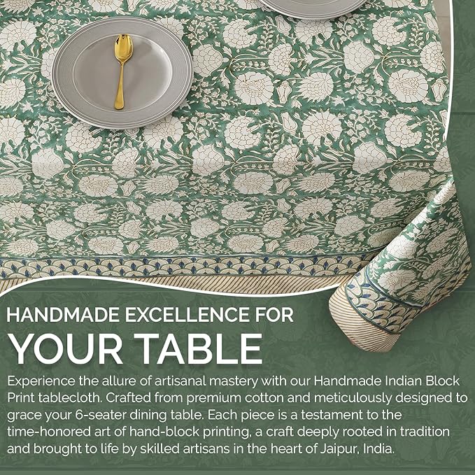 Labhanshi Indian Handblock Print Floral Cotton Table Cloth|Rectangle 60x90 Inch 6-Seater Kitchen Dining Table Cloth|Spring Easter St.Patrick Wedding Holiday Party Decorative Table Cover|Moss Green