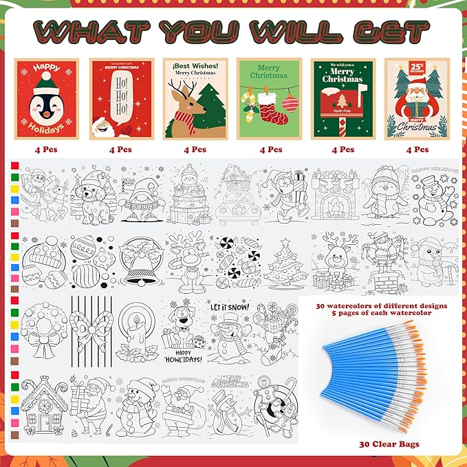Christmas Party Favors for Kids 30 Pack Christmas Watercolor Coloring Books with Xmas Cards Christmas Craft for Girls Boys Stocking Goodie Bag Stuffers Classroom Prizes Gifts School Party Supplies