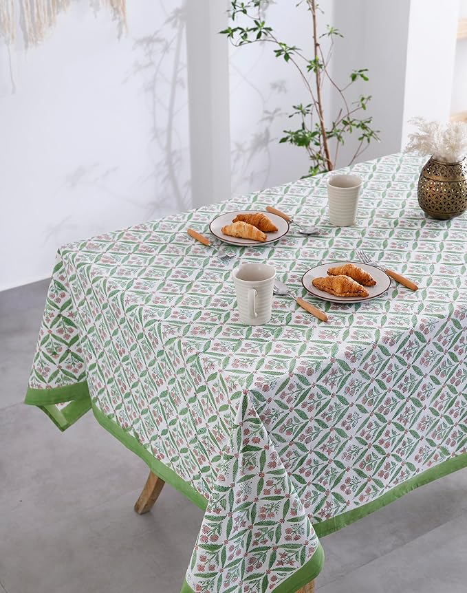 Labhanshi Indian Handblock Print Floral Cotton Rectangle 72x135 Inch 10-Seater Dining Tablecloth|Washable Spring Easter St. Patrick Picnic Outdoor Camping Festive Holiday Table Cover|Green Pink