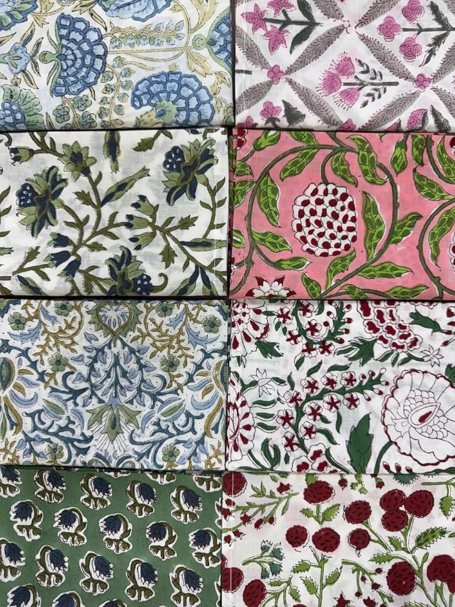 Napkins, Kitchen Towels, Table Decor, Table Linen, Cotton Cloth Border Napkins, Size 18"x 18", Hand Block Print Lunch, Dinner Napkins (Random Mix, Set of 8-18x18 Inch)