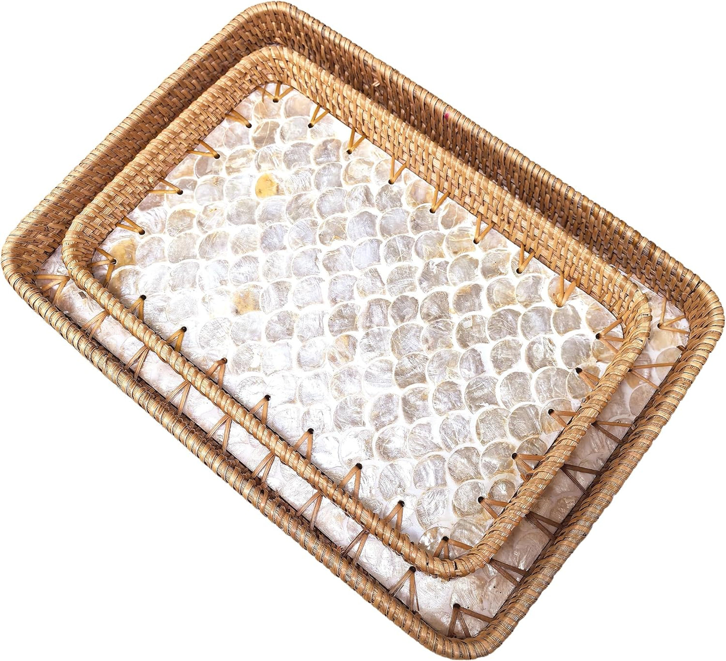 i-lan 2-Piece Rectangular Rattan Serving Trays with Mother of Pearl Inlay, 13" & 11.5" Decorative Storage Trays for Home Organization, Entertaining, and Tabletop Display