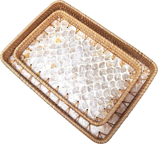i-lan 2-Piece Rectangular Rattan Serving Trays with Mother of Pearl Inlay, 13" & 11.5" Decorative Storage Trays for Home Organization, Entertaining, and Tabletop Display