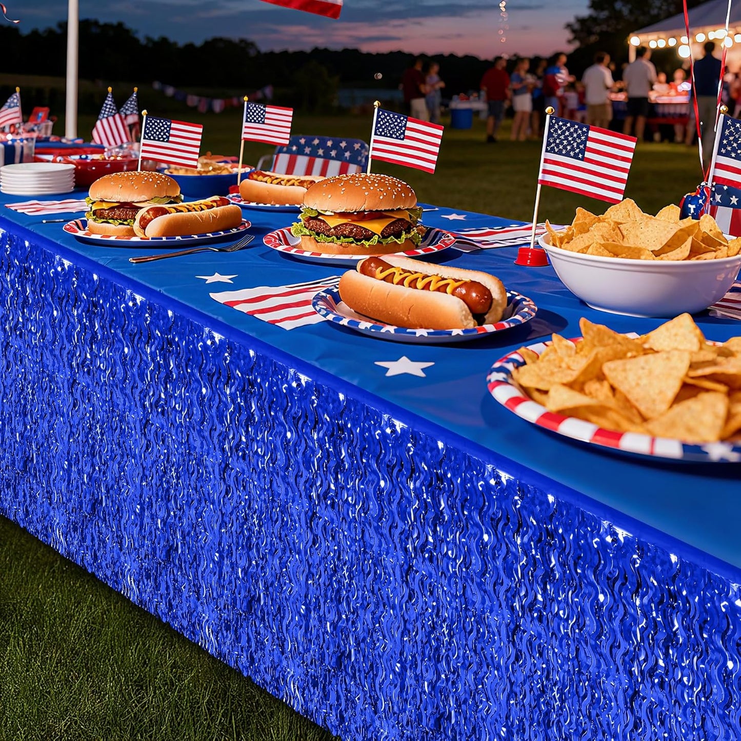 Navy Blue Table Skirt, 2 Pack Blue Foil Grass Table Skirt, Patriotic Metallic Wavy Tinsel Foil Fringe Table Skirts, Table Skirts for Birthday Graduations 4th of July Christmas Parade Party