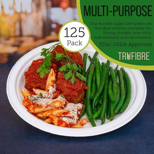 9-Inch 125-Pack Disposable Bagasse Paper Plates, Styro Foam Food Trays, Microwave Safe Meal Plates for Holidays, Party Favors & Events, Bulk