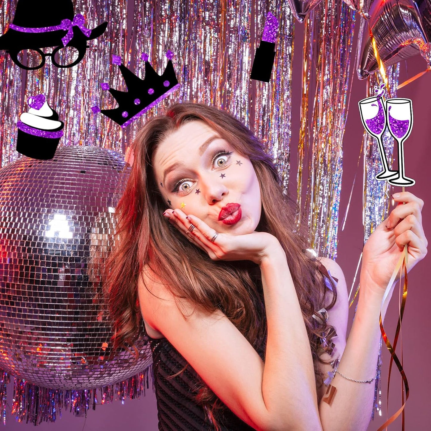 Zonon 24 Pieces Funny Photo Booth Props:Halloween,Christmas,Family Reunion, Class Reunion, Birthday, Weddings, Prom Disco Mardi Gras Party Supplies - Mix of Hats, Lipstick, Tie(Black and Purple)