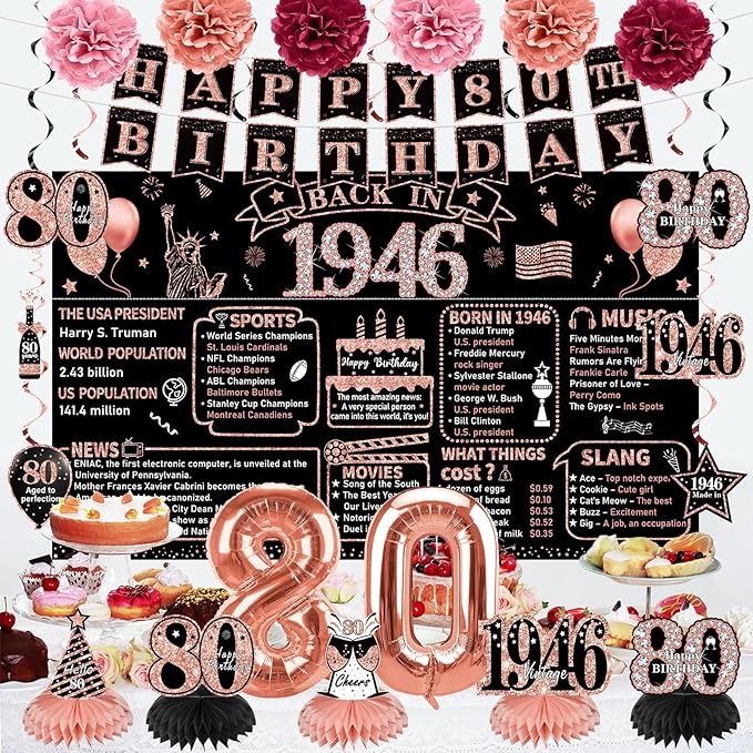 Zirtorei 80th Birthday Decorations for Women, 21pcs the Year 1946 Banner Balloon Party Supplies, Rose Gold 80 Year Old Birthday Backdrop, 80 Bday Honeycomb Centerpiece Hanging Swirls Sash Gifts