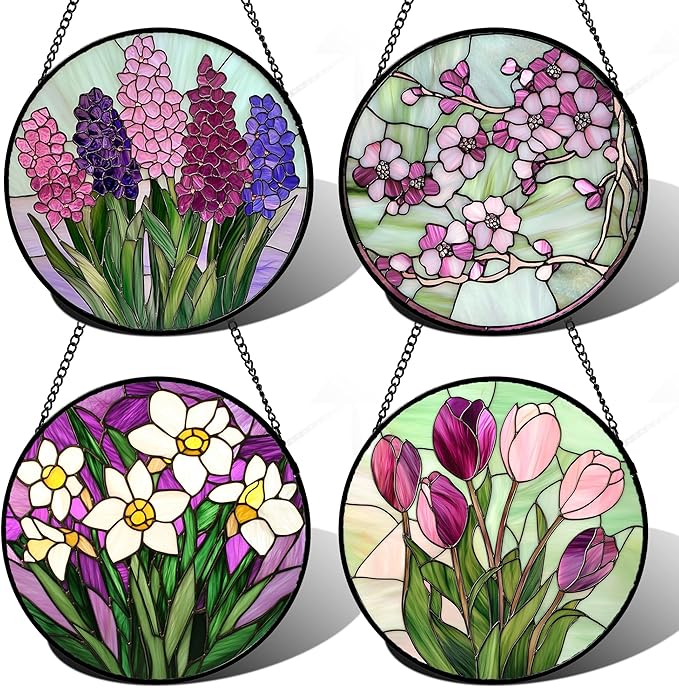 Stained Glass Window Hanging 4 Pcs Set Tulips Plum Flower Daffodils Hyacinths Large 11.8" - Suncatcher Door Garden Sun Catcher Decor Birthday Mother's Day for Mom Woman Nana