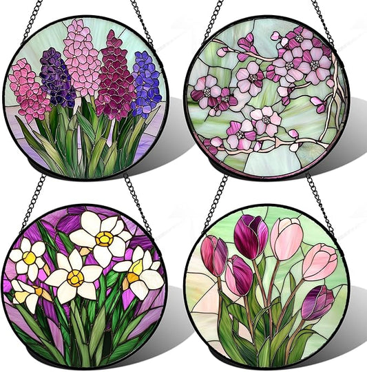 Stained Glass Window Hanging 4 Pcs Set Tulips Plum Flower Daffodils Hyacinths 9.8" - Suncatcher Door Garden Sun Catcher Decor Birthday Mother's Day for Mom Woman Nana