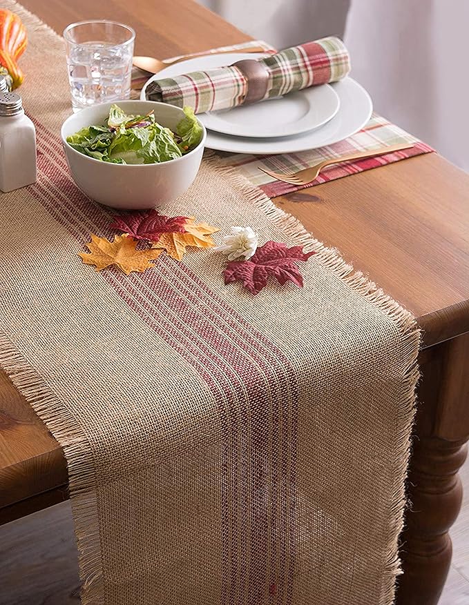 DII Jute Burlap Collection Kitchen Tabletop, Table Runner, 14x108, Middle Stripe Barn Red
