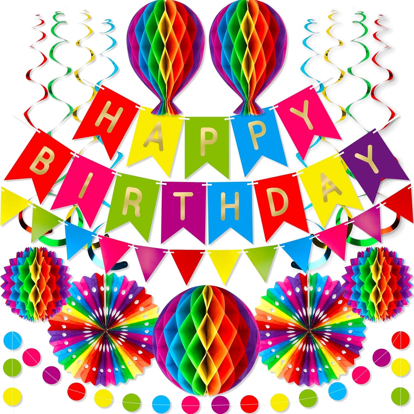 Premium Reusable Happy Birthday Decorations - Colorful Rainbow Birthday Decorations for Kids, Women, and Men - Multi-occasion Banner, Pennant Banner, Paper Fans - Party Decor by Itsy Bitsy Party Co