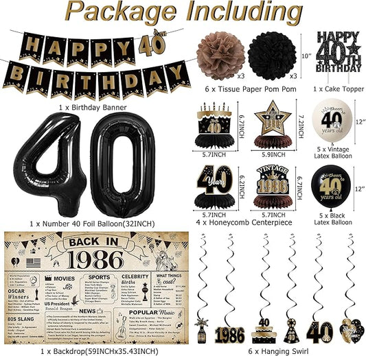 DARUNAXY 40th Birthday Party Decorations for Men Women, Vintage Back in 1986 Banner, Black 40 Number Balloons & Cake Topper, Vintage 1986 40 Birthday Honeycomb Hanging Swirl Confetti Balloons(30PC)
