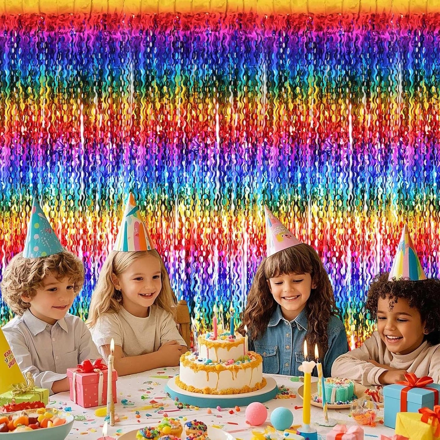 2 Pack Colorful Wavy Foil Fringe Curtain Backdrop, 3.3 X 6.6 Ft Rainbow Wavy Fringe Curtains, Colorful Streamer Shiny Metallic Tinsel Iridescent Streamers for Birthday Party Streamers Photo Booth
