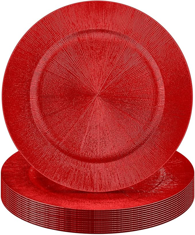 Tanlade 12 Pcs Charger Plates Bulk 13 Inch Plastic Round Wedding Chargers Floral Decorative Plates with Metallic Ruffled Rim for Wedding Party, Holiday Event Supplies(Red)