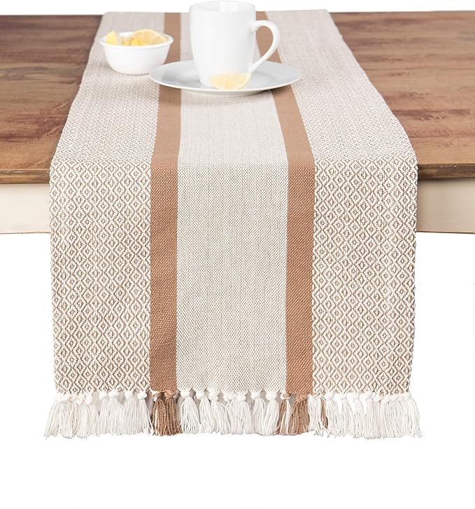 Sticky Toffee Cotton Table Runner, 14 x 72 Inch, Woven Farmhouse Boho Striped Table Décor for Kitchen or Dining, Tan Oeko-Tex Fabric