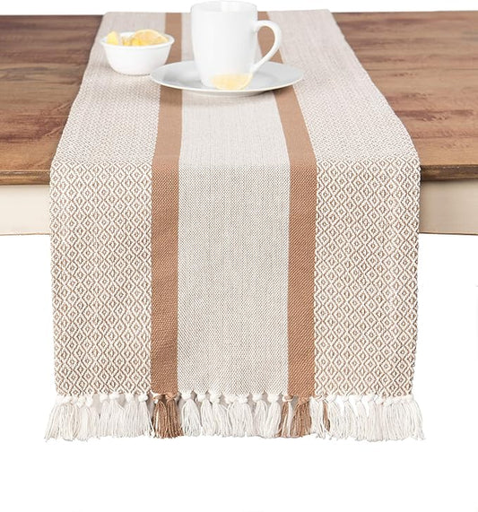 Sticky Toffee Cotton Table Runner, 14 x 72 Inch, Woven Farmhouse Boho Striped Table Décor for Kitchen or Dining, Tan Oeko-Tex Fabric