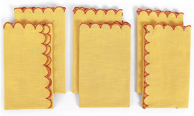 FINGERCRAFT Cloth Napkins, Everyday Use Scallop Design, Premium Quality Natural Cotton Napkin Set of 6 Perfect for Parties Dinners Weddings Easter Napkin Cloth 20x20 inch Daffodil/Rust