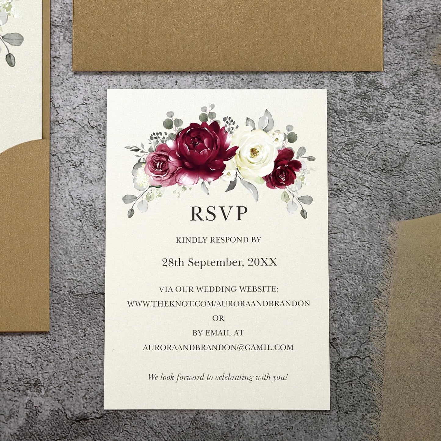 50pcs Laser Cut Wedding Invitations with Envelopes and RSVP Cards Burgundy and Gold, 5x7.3 Personalized Invitation Cards for Wedding, Anniversary Invitations with Rhinestone