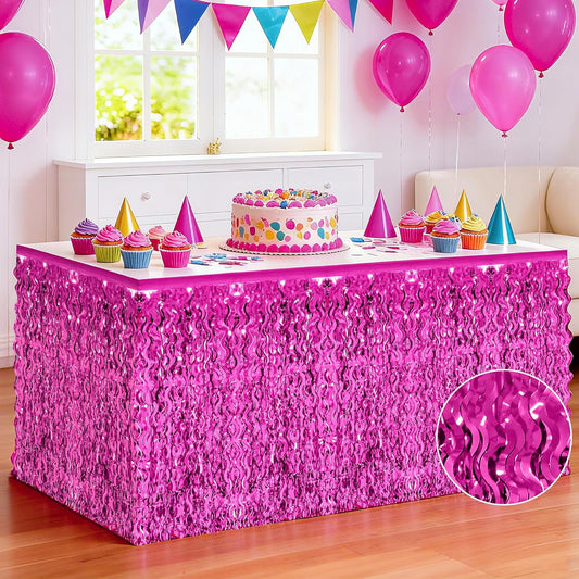 2 Pack Hot Pink Table Skirt Decor, Breast Cancer Awareness Decorations Foil Grass Skirt for Table, Metallic Wavy Tinsel Foil Fringe Table Skirts, Table Foil Skirts Wedding Birthday Valentines Party