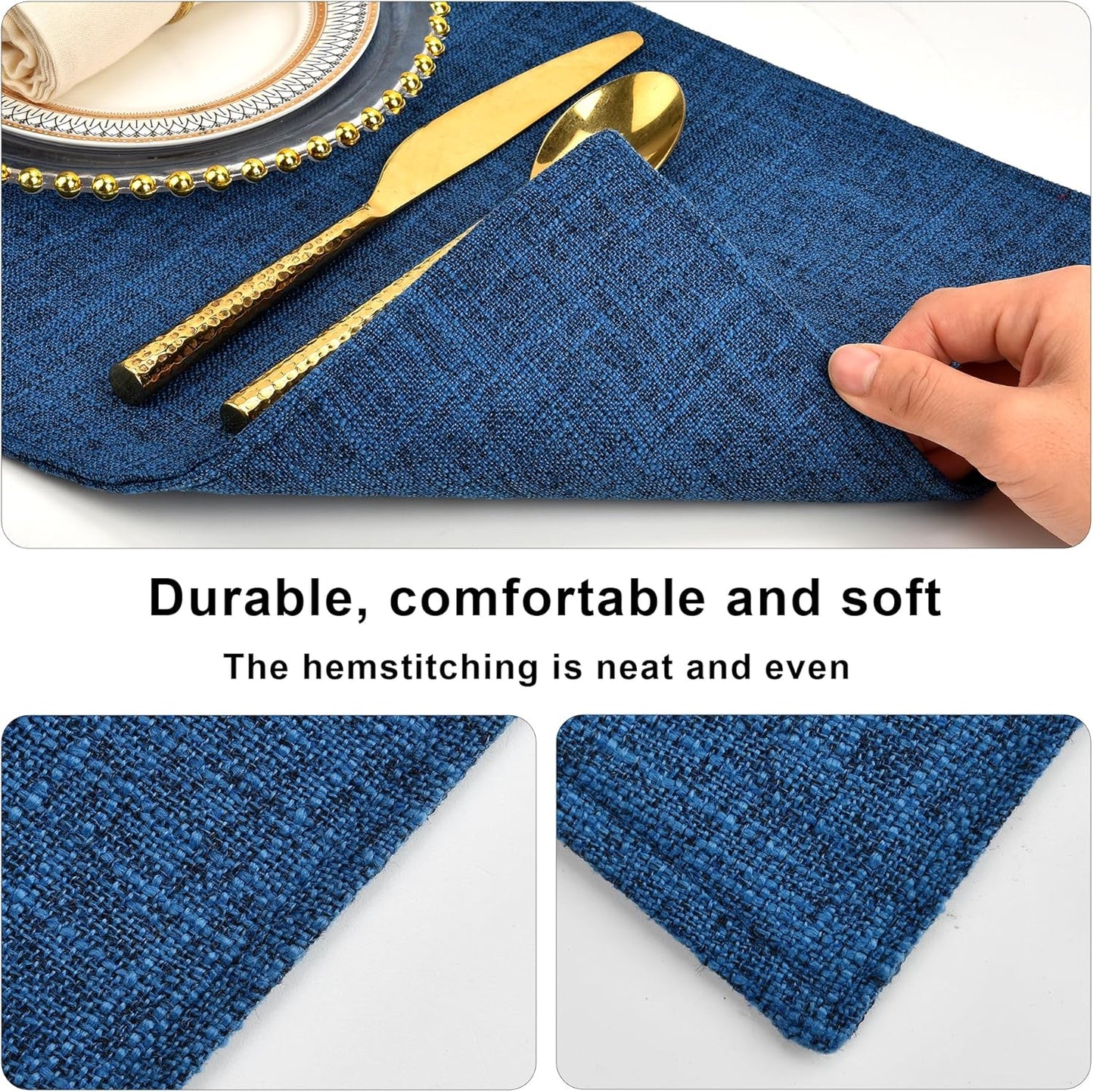 SLKQG Navy Linen-Look Fabric Placemats Set of 4, Heat Resistant & Machine Washable Double-Layered Cloth Placemats for Dining Table, Indoor/Outdoor Use, Non-Slip Kitchen Table Mats (4, Navy)