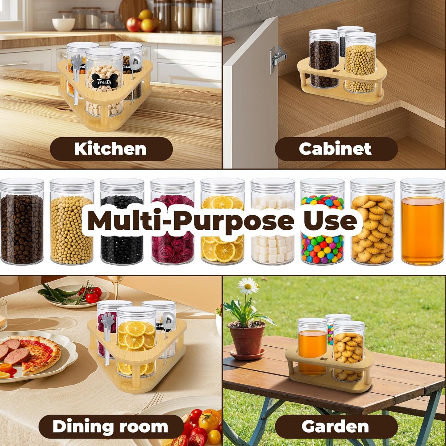 3 Pack Airtight Food Storage Containers with Lids,Clear Food Storage Jar Round Tin,Plastic Storage Canister Kitchen Pantry,Lazy Susan,Labels,Spoon,Food Tong,Pen