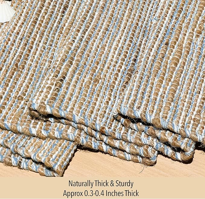 Chardin home Natural Jute Table Runner 13x72 Inch – Vintage Boho Rustic Table Decor – Handwoven Table Runner in Natural Jute and Sky Blue-White – Farmhouse Dining or Console Table Accent