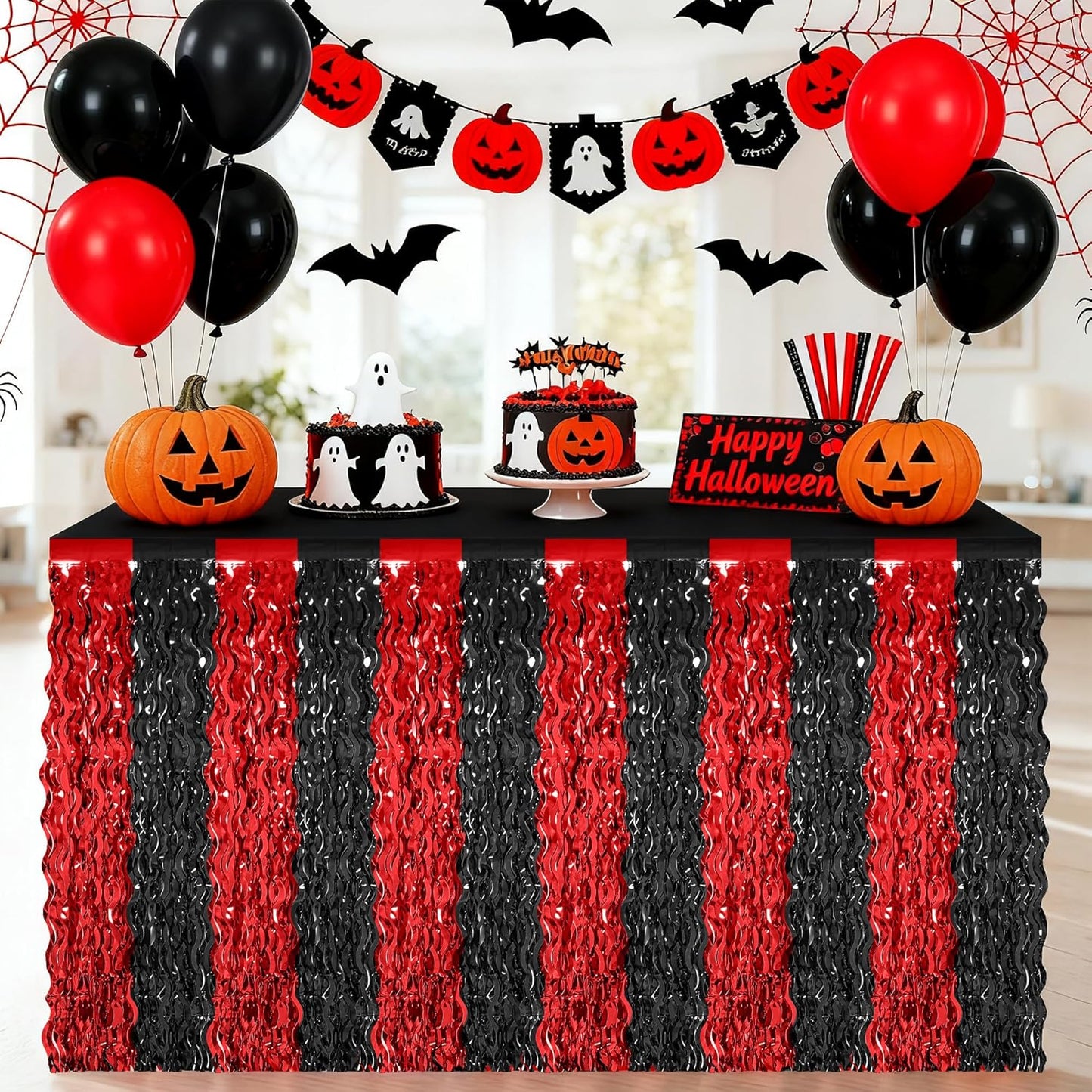 2 Pack Desk Skirt, Black Red Desk Grass Skirt for Table, Halloween Metallic Wavy Tinsel Foil Fringe Table Skirts, Foil Table Skirt for Halloween Graduations Birthday Indoor Party Decorations