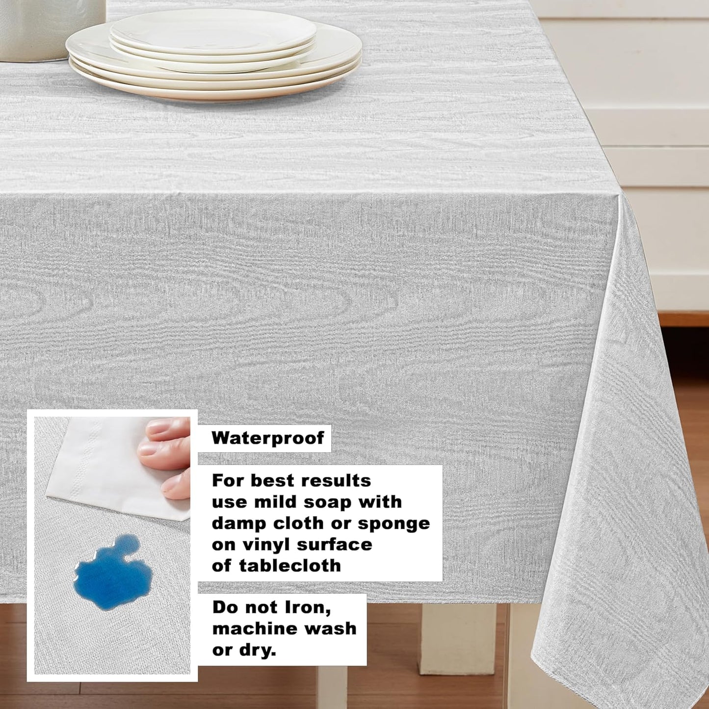 Newbridge Vinyl Flannel Backed Tablecloth, 52 x 52 Inch Square, Silvery White Moire Wavy Solid Design, Heavyweight Indoor Outdoor Waterproof Table Cover, Easy Care Wipe Clean