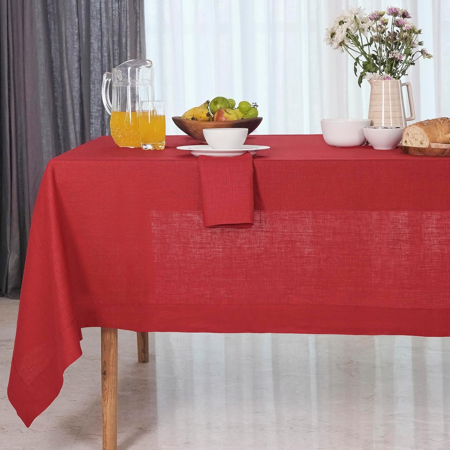 D'Moksha Homes Red Linen Tablecloth 60 x 144 Inch - 100% Pure Linen Table Cloth for Rectangle Tables - Machine Washable Tablecloth for Fall, Autumn and Halloween