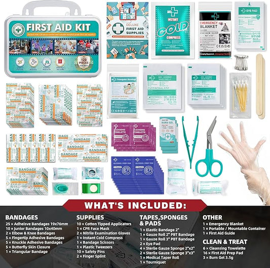 General Medi 120 Pieces Hardcase First Aid Kit - First Aid Box Includes Instant Cold Pack, Emergency Blanket for Travel, Home, Office, Vehicle, Camping, Workplace & Outdoor