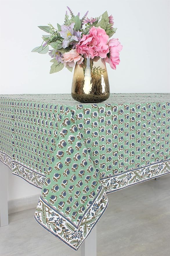 Ridhi Hand Block Print Basil Green Rectangle Cotton Tablecloth 140" x 72" Reusable Table Cover Decorative Everyday Use for Dining, Farmhouse, Home Gift for Spring, Easter, Valentine