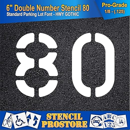 Pavement, Curb, and WheelStop Stencils - 6 inch Double Number Stencil - (80) - 6" x 9" x 1/8" (128 mil) - Pro-Grade