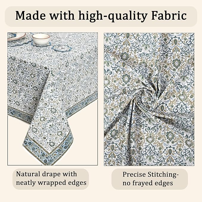 Ridhi Hand Block Print Indigo Rectangle Cotton Tablecloth 108" x 60" Reusable Table Cover Decorative Everyday Use for Dining, Farmhouse, Home Gift for Spring, Easter, Valentine