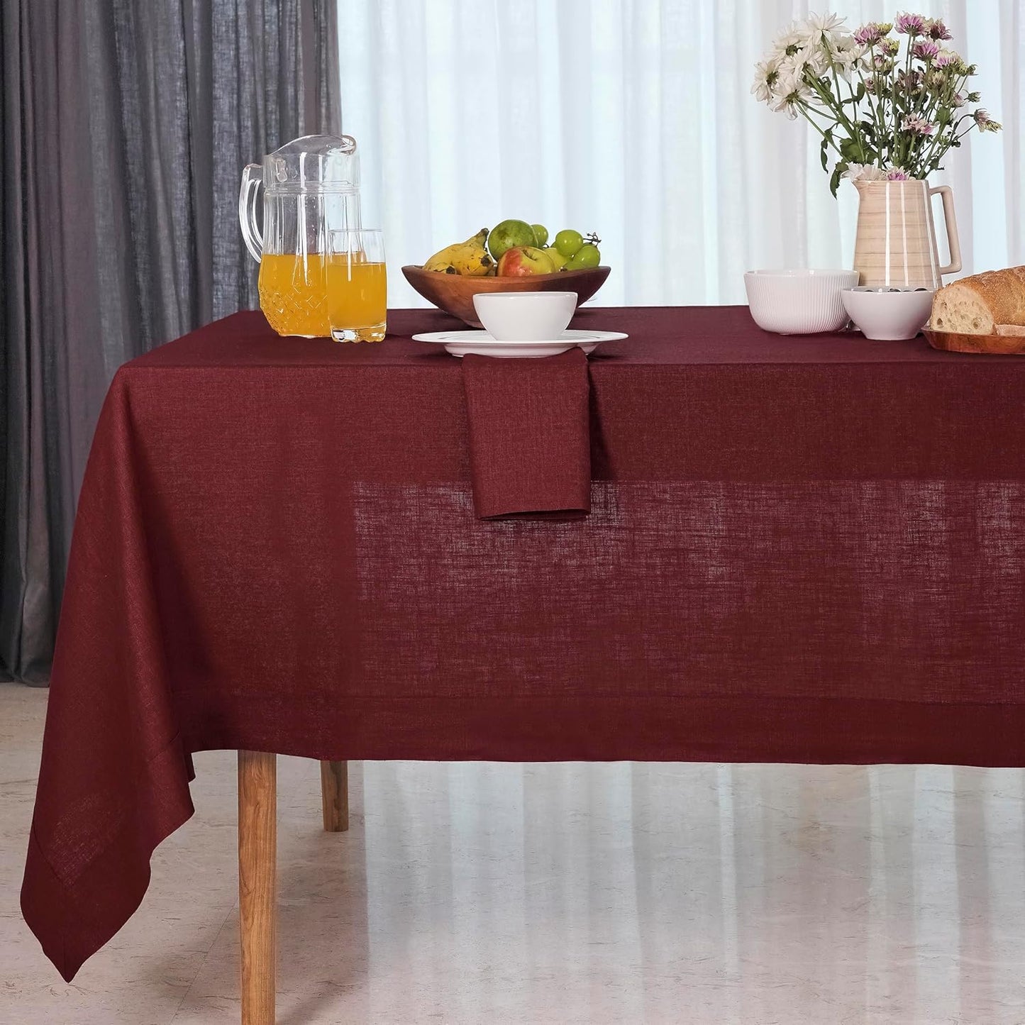 D'Moksha Homes Linen Tablecloth 60 x 108 Inch - 100% Pure Linen Dark Red Tablecloth for Rectangle Tables - Machine Washable Table Cloth for Fall, Autumn and Halloween