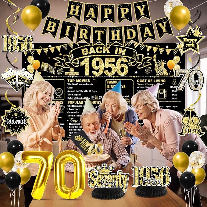 70th Birthday Decorations for Men, Black Gold Back in 1956 Party Supplies with Banner, Backdrop, Sash, Balloons, Cake Topper, Honeycomb Centerpieces, Happy 70th Birthday Party Decorations Kit