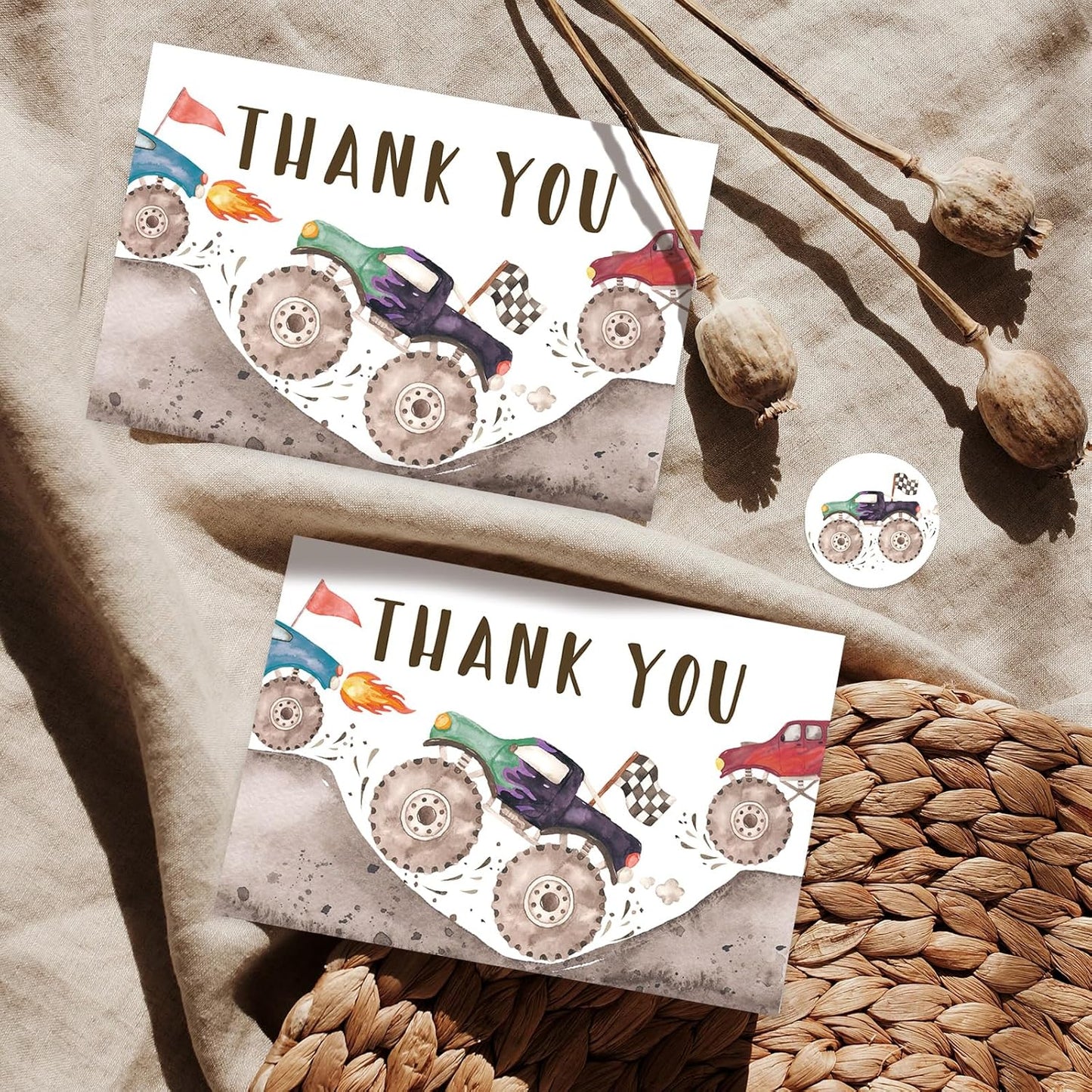 24 Pack Racing Truck Thank You Cards Racing Car Greeting Cards With Envelopes Stickers Colorful Truck Blank Note Card for Baby Shower Birthday Party