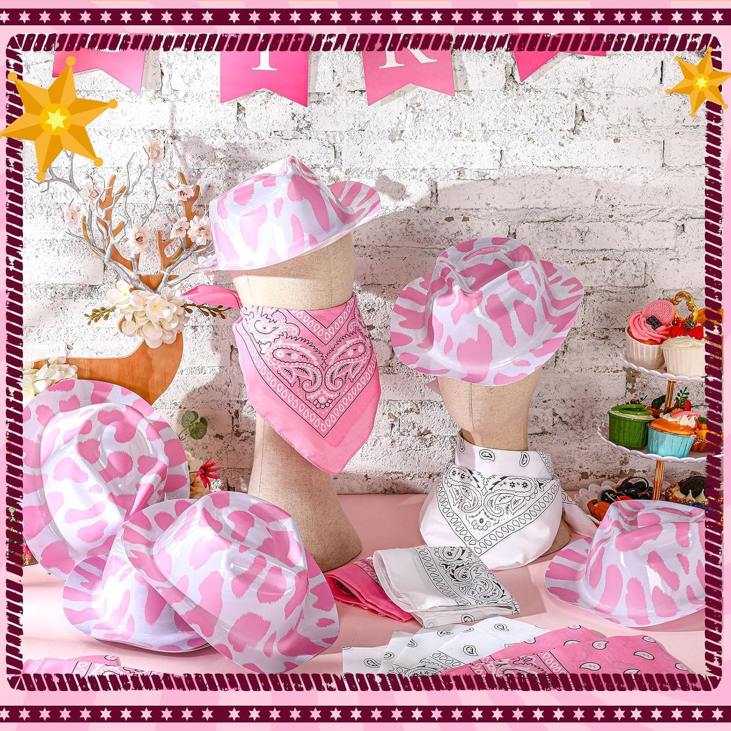 Haysandy 24 Pcs Cow Print Cowgirl Cowboy Hats Bulk with Bandana Felt Cow Party Hats for Women Men Western Costume Party(Pink)