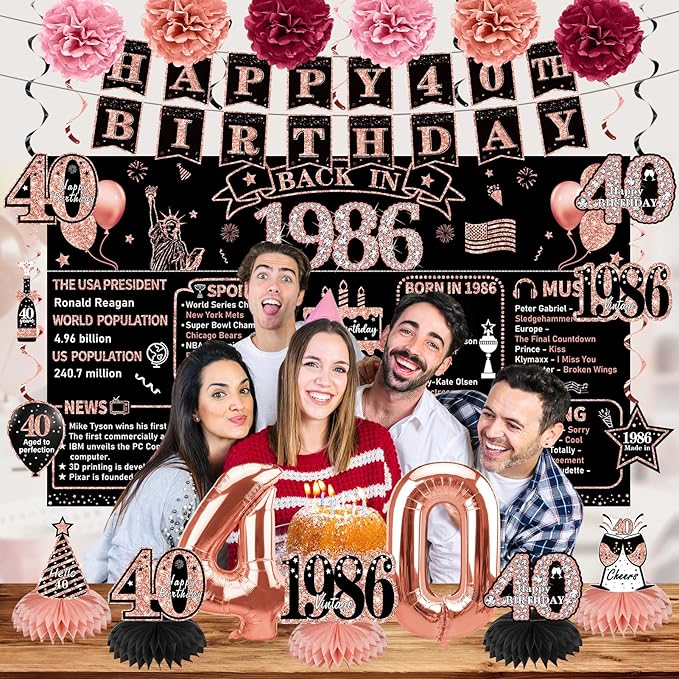 Zirtorei 40th Birthday Decorations for Women, 21pcs the Year 1986 Banner Balloon Party Supplies, Rose Gold 40 Year Old Birthday Backdrop, 40 Bday Honeycomb Centerpiece Hanging Swirls Sash Gifts