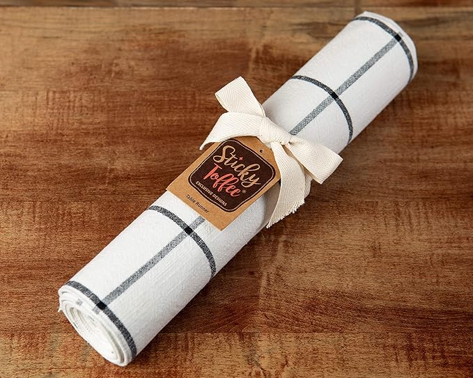 Sticky Toffee Cotton Table Runner 14x72 in – Cream Plaid Woven Table Décor for Kitchen or Dining Room, Farmhouse Style, Oeko-Tex Cotton