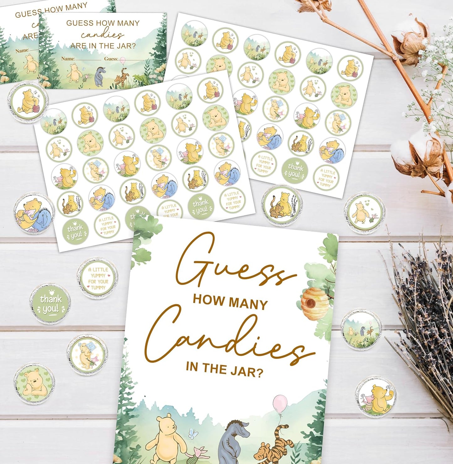 ALodr Winnie the Pooh Baby Shower Game: Guess How Many Candies, Standing Sign, 50 Cards, 180 Stickers, All Ages