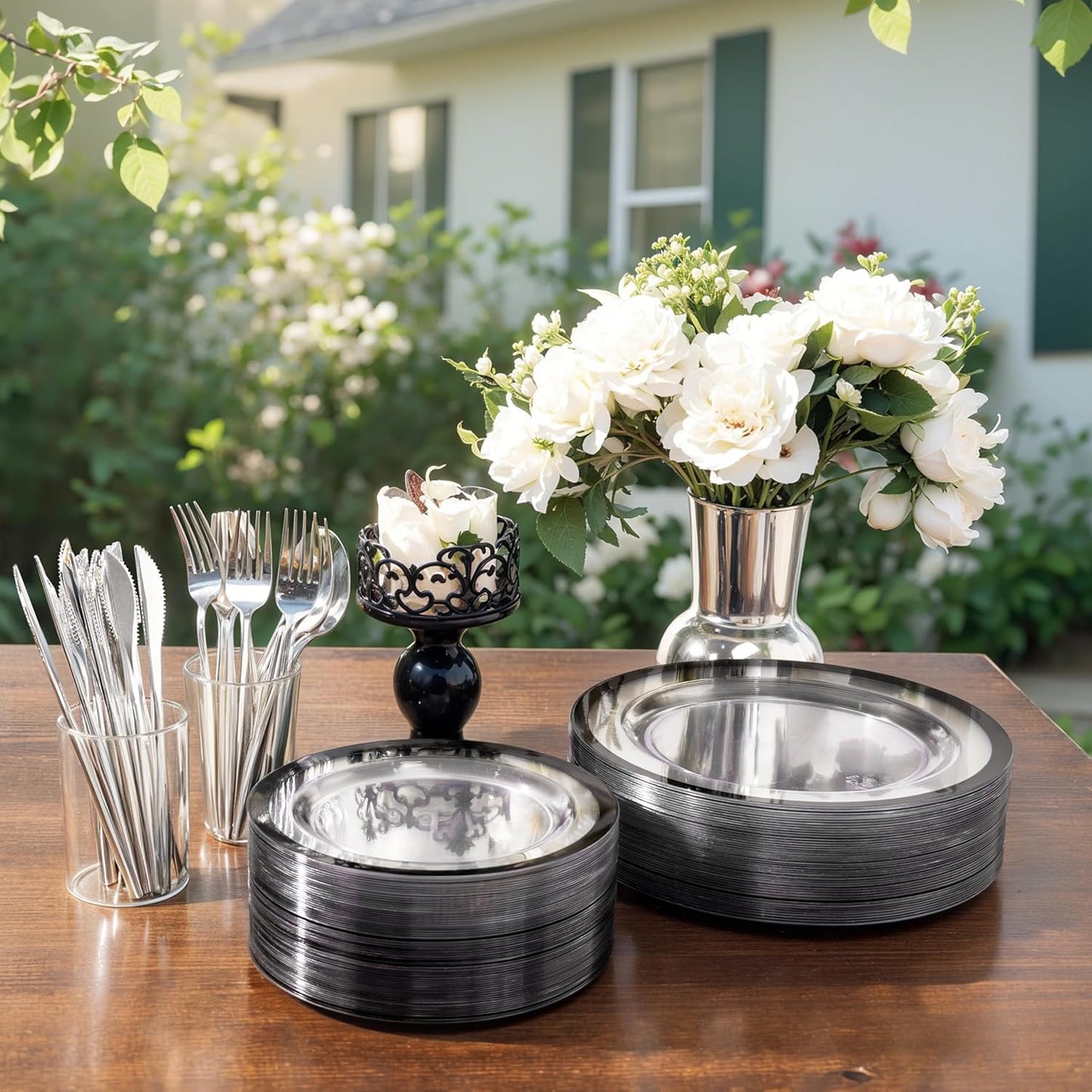 U-QE 120pcs Black Plates Disposable for Party - Clear Plastic Plates Disposable Heavy Duty - Include 60 10" Dinner and 60 7" Dessert Plate, Perfect for Party & Wedding