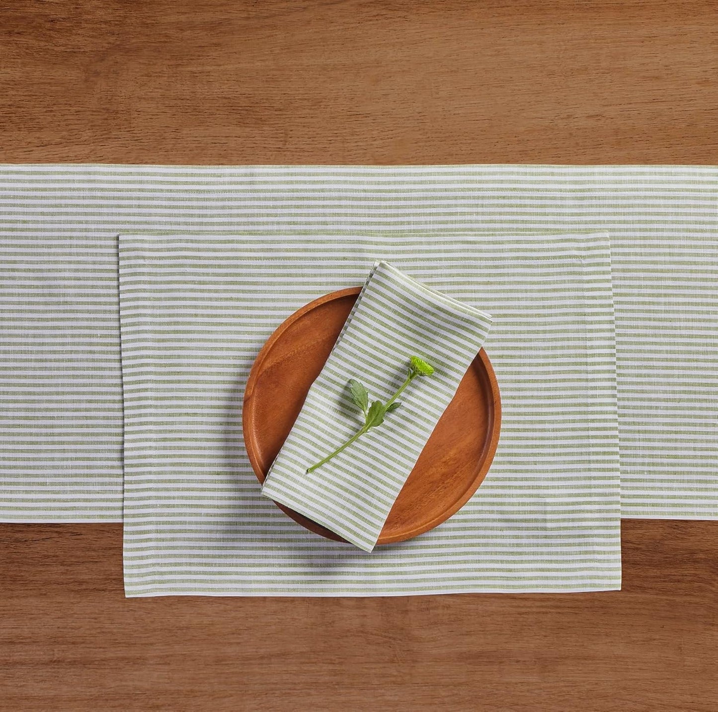 Solino Home Linen Table Runner 144 Inches Long - Narrow Stripe, 100% Pure Linen Avocado and White Table Runner 14 x 144 Inch for Dining, Fall, Autumn, Thanksgiving