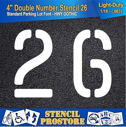 Pavement, Curb, and WheelStop Stencils - 4 inch Double Number Stencil - (26) - 4" x 5.5" x 1/16" (63 mil) - Light-Duty