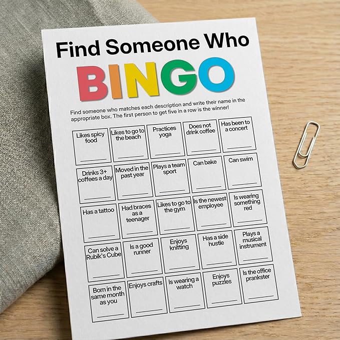 Sahjzk Office Bingo Cards, 25 Unique Randomized 5x7 Sheets, Get to Know You Bingo Game for Adults, Ice Breaker Office Party Games, Team Building Games for Work, High Replay Value - A03