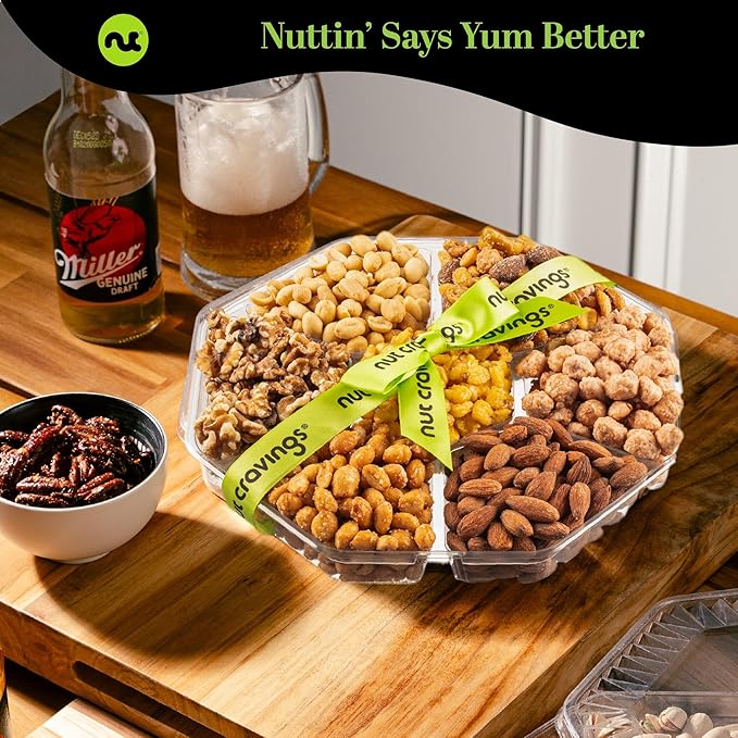 NUT CRAVINGS - Halloween Treats For Adults Mixed Nuts Gift Basket + Green Ribbon Classic (7 Assortments, 1 LB) Holiday Xmas Christmas Food Arrangement, Healthy Snack Care Package, Food Assortments