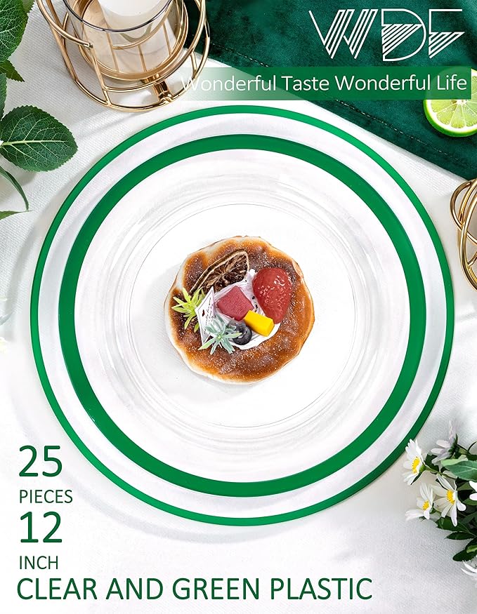 WDF 12 Inch Green Charger Plates - Charger Plates Bulk - 25Pack Plastic Clear and Green Charge Plate Perfect for Dinner/Wedding/Party/St. Patrick's Day/Easter
